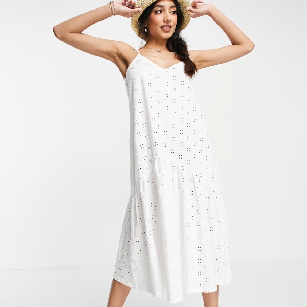 ASOS DESIGN eyelet strappy midi dress with drop waist in white size US 10